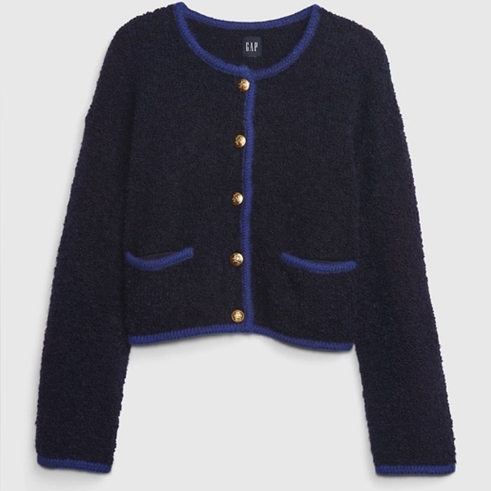 Gap Boucle Cropped Sweater Jacket Size XS Blue with Gold Buttons Wool Blend